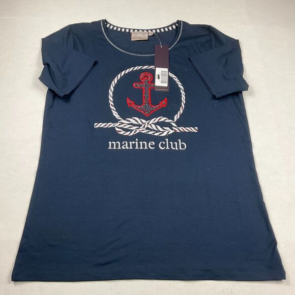 Dantelle Marine Club Nautical Graphic T-Shirt Rhinestone Anchor Blue L Tee NWT - Picture 1 of 10